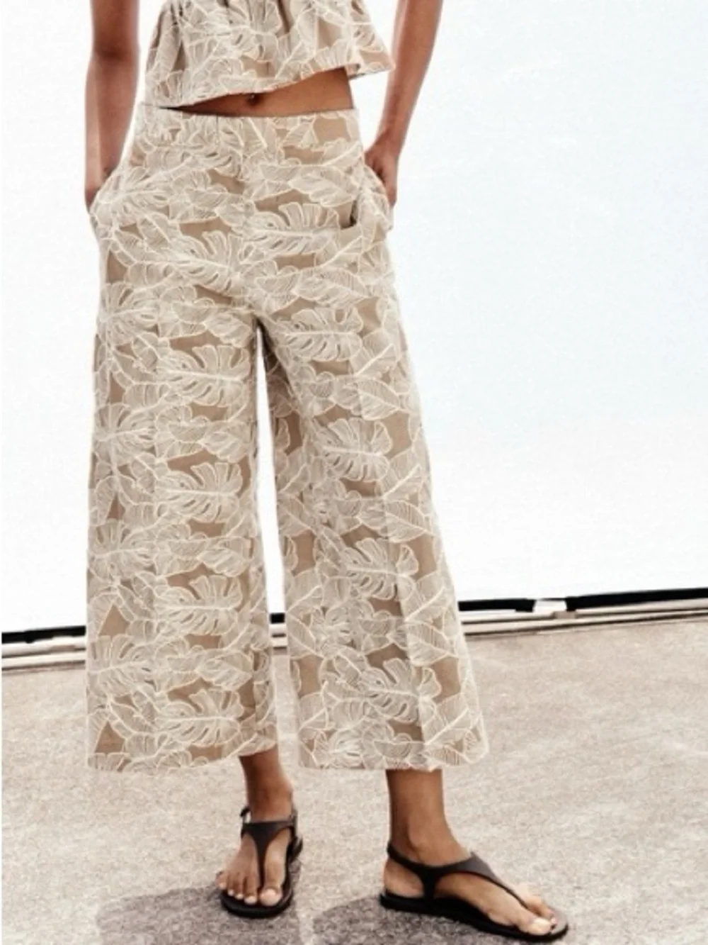 Zara Embroidered Leaf Print Culottes Small Taupe Ivory Wide Leg Cropped Pants
